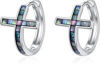 wholesale 925 Sterling Silver Cross Earrings with Abalone Shell Inlay Dangle Drop Leverback Religious Jewelry for Women and Men-F-Abalone Cross Hoop