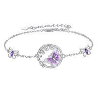wholesale 925 Sterling Silver Purple Butterfly Charm Bracelet for Women Girls Gifts-Animal