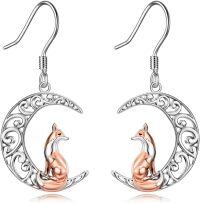 wholesale 925 Sterling Silver Fox on Crescent Moon Drop Earrings - Filigree Design Gifts for Her-Fox