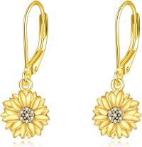 wholesale 925 Sterling Silver Plated Gold Sunflower Dangle Leverback Earrings with Crystal Accents - Holiday  for Her-sunflower earrings