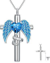 wholesale Sterling Silver Birthstone Angel Wing Cross Rose Heart Cremation Urn Necklace for Women with Funnel Kit ( chars)-Cross Personalized 12-Dec-Tanzanite-Cross Non-personalized 12-Dec-Tanzanite