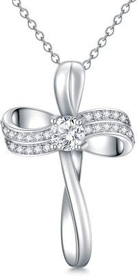 wholesale 925 Sterling Silver 925 with White Cubic Zirconia Pendant Necklaces for Women s - Elegant Cross Design Chain Length: Adjustable from 46cm to 73cm (18-29 inches)-Silver-Infinity Ribbon Shine