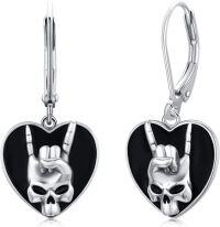 wholesale 925 Sterling Silver Heart-Shaped Rock Gesture Pendant Drop Earrings for Women Girls Gothic Punk Style  4cm Long-Skeleton Hand Earrings