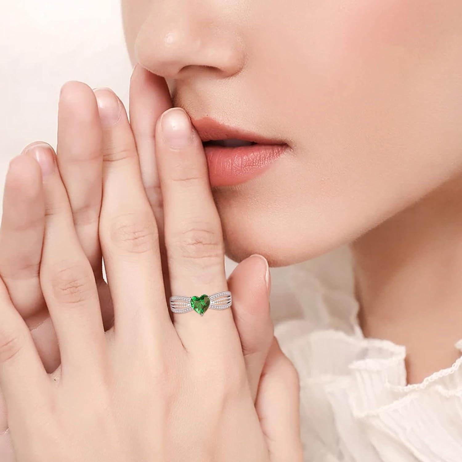 Sterling Silver CZ Heart Rings Adjustable Birthstone Jewelry Gift for Women Mom-0-6