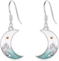 wholesale 925 Sterling Silver Crescent Moon with Mountain & Turquoise Stone Inlay Dangle Drop Earrings-C-Moon