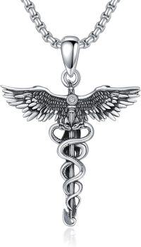 wholesale 925 Sterling Silver Caduceus Phoenix Pendant Necklace  for Men - Medical Theme s-1-Oxidized