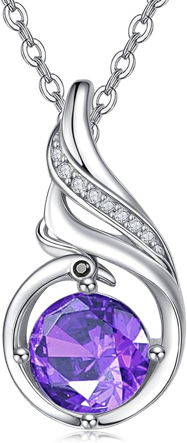 Sterling Silver Phoenix Birthstone Pendant Necklace for Women-02-Amethyst
