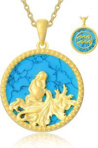 wholesale 18K Gold Plated Sterling Silver Synthetic Blue Turquoise Zodiac Necklace for Women-1-Aquarius(0120-0218)