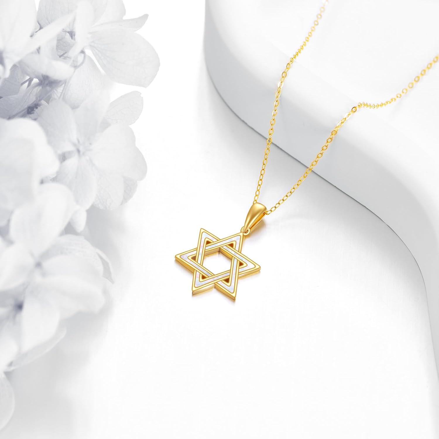  14K Gold White Opal Star of David Pendant Jewelry Gift for Women ( )-0-3