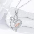 wholesale 925 Sterling Silver Double Heart Mom Pendant Necklace Cubic Zirconia Two Tone Rose Gold-0-2