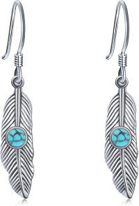 wholesale 925 Sterling Silver Turquoise & Moonstone Feather Drop Earrings-Turquoise