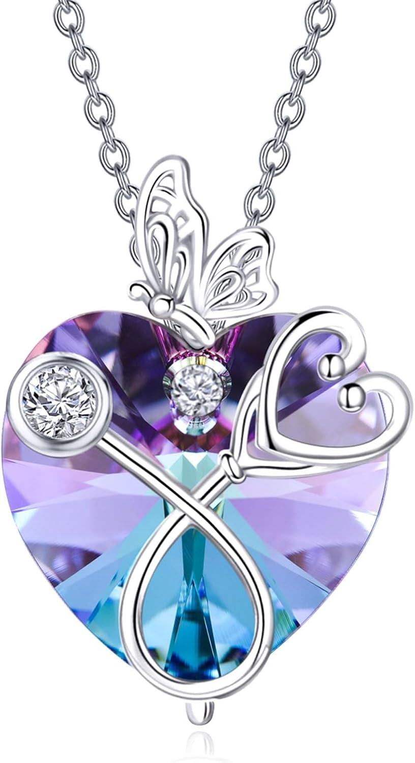 wholesale 925 Sterling Silver Purple Crystal Butterfly Heart Stethoscope Pendant Necklace for Nurses Doctors Gifts-0-0