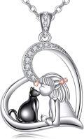 wholesale 925 Sterling Silver Heart Girl and Cat Pendant Necklace with Cubic Zirconia Stones-0-0