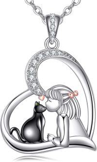 wholesale 925 Sterling Silver Heart Girl and Cat Pendant Necklace with Cubic Zirconia Stones-Heart Cat Necklace