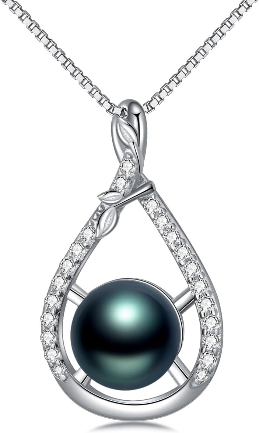 Sterling Silver White Gold Plated Black Freshwater Pearl Necklace-0-1