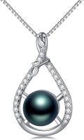 wholesale 925 Sterling Silver & White Gold-Plated Teardrop Black Freshwater Pearl Pendant Necklace with Cubic Zirconia Accents-0-0