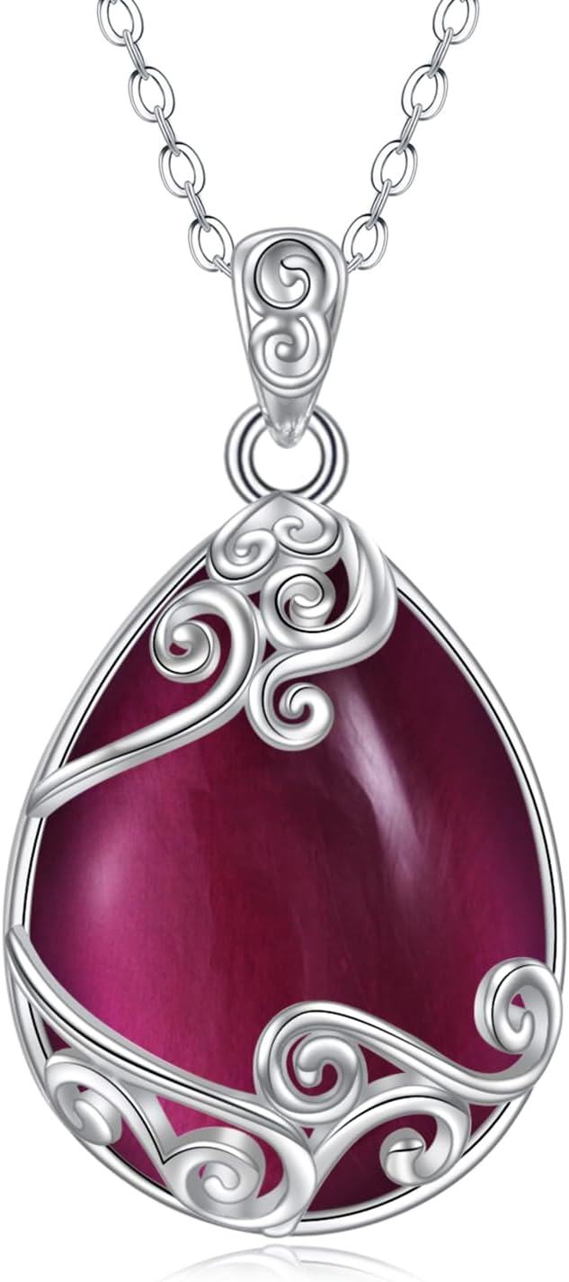 Sterling Silver Moonstone Filigree Teardrop Pendant Necklace for Women-U-Amethyst teardrop necklace