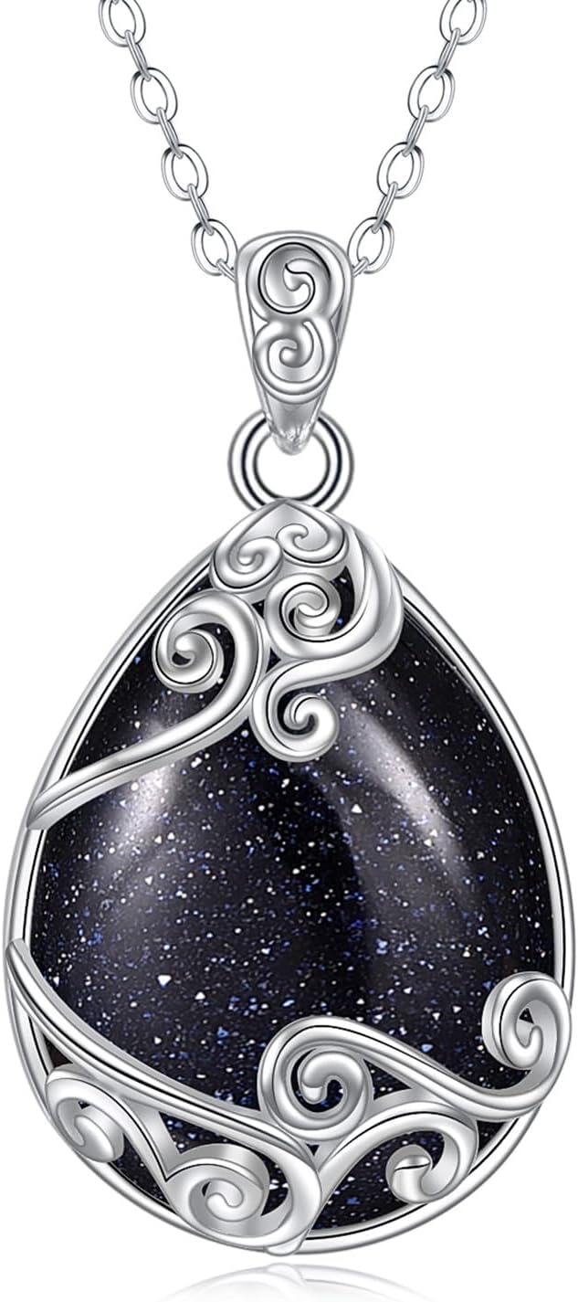 Sterling Silver Moonstone Filigree Teardrop Pendant Necklace for Women-FF-Blue Sandstone Filigree Necklace