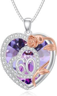 wholesale 925 Sterling Silver Purple Crystal Heart Pendant with Rose Gold Plated Number 60 Birthstone  for Mother's Day/Women/Girls/Grandma/Mom/Daughter/Birthday Present-60th Birthday Necklace