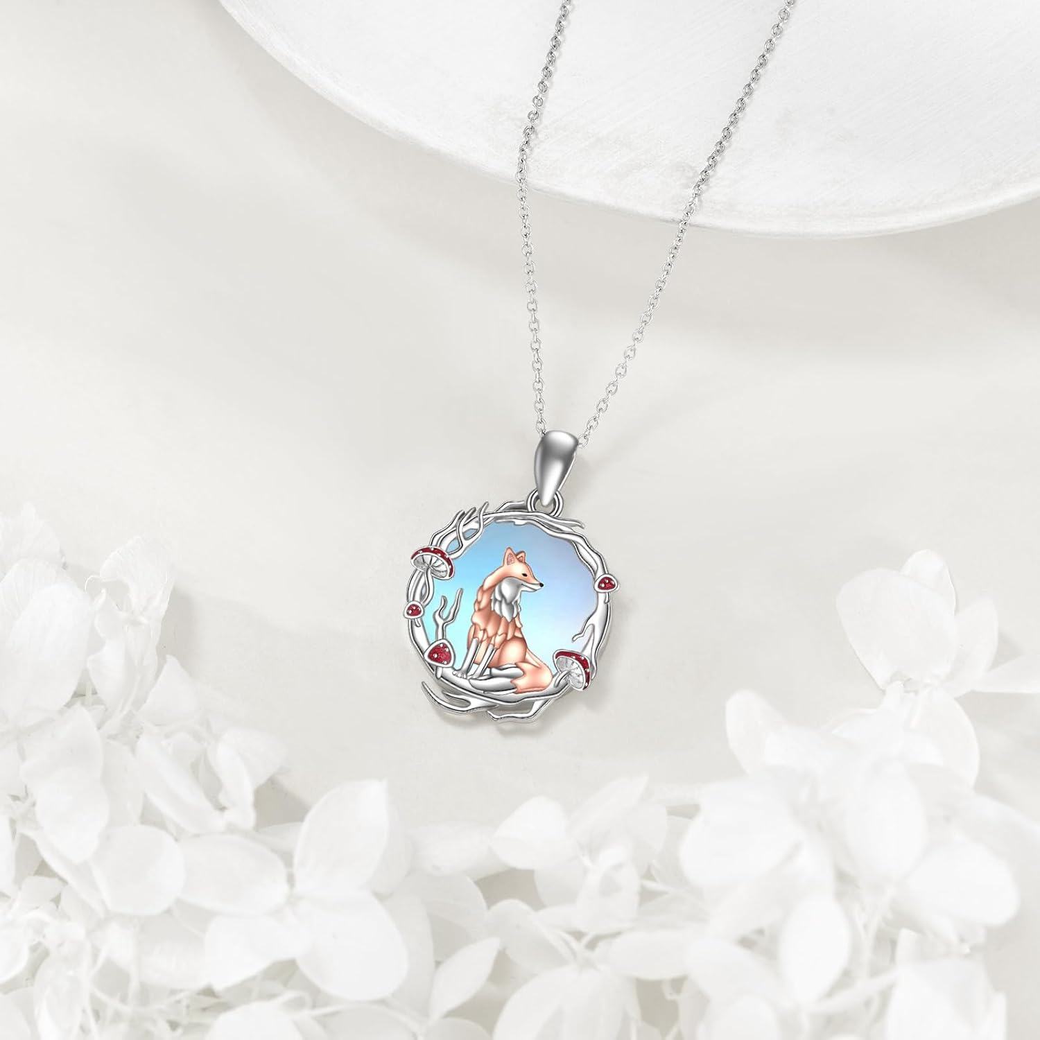 wholesale 925 Sterling Silver Fox Pendant with Mushrooms and Branches - Cute Nature Themed Jewelry for Women-0-4