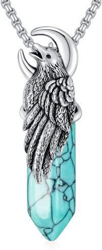 wholesale  Sterling Silver Raven Necklace Gothic Crow Pendant Jewelry for Men Women -D02-Turquoise