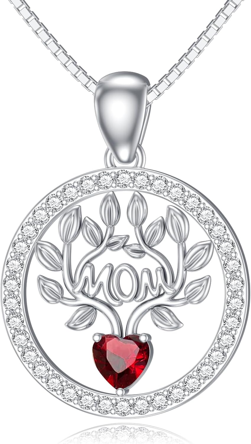 wholesale 925 Sterling Silver 12 Birthstones Tree of Life Necklace for Mom-Simulated Garnet-Jan.