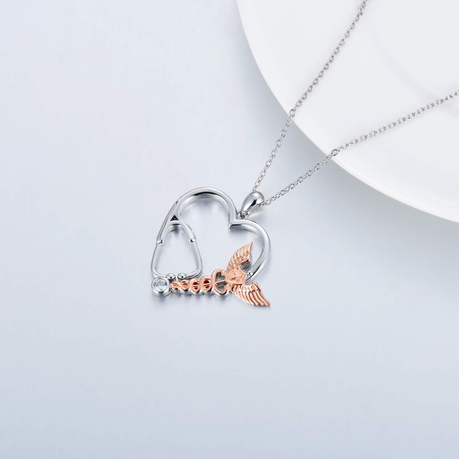Sterling Silver Stethoscope Necklace w Angel Wings Cross Caduceus-0-2