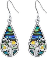wholesale 925 Sterling Silver Abalone Shell Flower Dangle Drop Teardrop Earrings-02-March-Daffodil