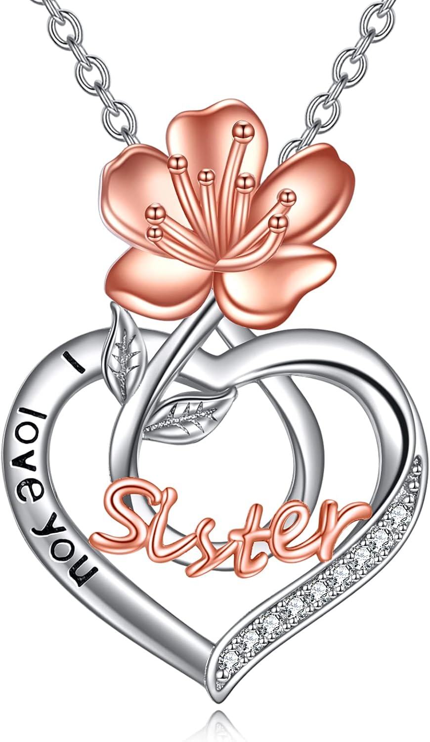  Sterling Silver Birth Flower Sister Necklace I Love You Sister Pendant Fashion Jewelry Gift for Women -03-March-Sakura