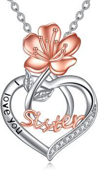 wholesale 925 Sterling Silver Cherry Blossom Heart I Love You Sister Pendant Necklace-03-March-Sakura