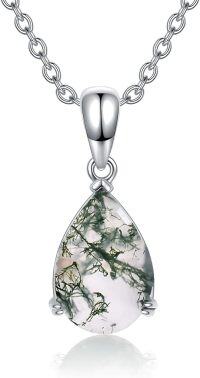 wholesale 925 Sterling Silver Teardrop Moss Agate Pendant Necklace with Chain - Length: Adjustable from 46cm to 73cm-pear cut