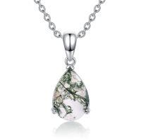 wholesale 925 Sterling Silver Teardrop Moss Agate Pendant Necklace with Chain - Length: Adjustable from 46cm to 73cm-pear cut