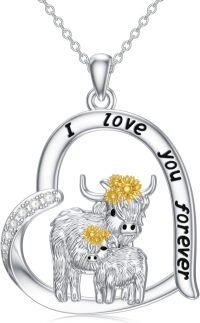 wholesale 925 Sterling Silver Highland Cow Family Love Forever Heart Pendant Necklace-Highland Cow