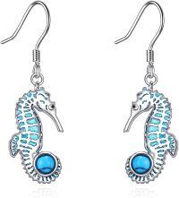 wholesale 925 Sterling Silver Blue Turquoise Sea Horse Dangle Drop Earring Gift for Her-Seahorse Dangle Earrings