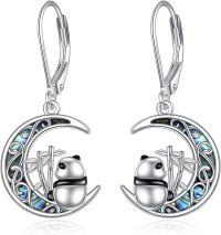 wholesale 925 Sterling Silver Moon & Bamboo Panda Leverback Dangle Earrings for Women Girls  4cm Long-Panda
