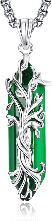 wholesale 925 Sterling Silver Green Agate Natural Stone Healing Crystal Tree of Life Pendant Necklace-H August