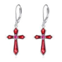 wholesale 925 Sterling Silver Red Enamel Cross Pink Cubic Zirconia Drop Earrings For Women-07-July