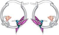 wholesale 925 Sterling Silver Purple Hummingbird & Pink Dolphin Ocean Wave Huggie Hoop Earrings-Hummingbird earrings