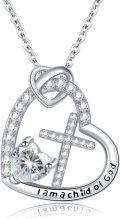 wholesale 925 Sterling Silver Heart & Cross Necklace with Cubic Zirconia and Engraved I am a child of God - Baptism/First Communion Gifts for Girls-0-0