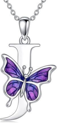 wholesale Sterling Silver Purple Butterfly A Z 26 Letters Pendant Necklace-Letter J-Letter J