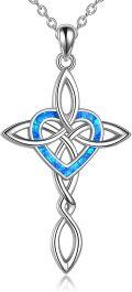 wholesale 925 Sterling Silver Blue Fire Opal Celtic Knot Cross Pendant Necklace for Women Girls Irish Infinity Love Heart s 45cm Chain Length-0-0