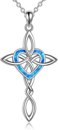 wholesale 925 Sterling Silver Blue Fire Opal Celtic Knot Cross Pendant Necklace for Women Girls Irish Infinity Love Heart s 45cm Chain Length-Blue opal cross necklace