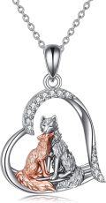 wholesale 925 Sterling Silver Heart Shaped Kitsune Fox Pendant Necklace with Rose Gold Accents and Cubic Zirconia Stones for Women Girls  43cm Chain Length-0-0