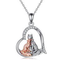 wholesale 925 Sterling Silver Heart Shaped Kitsune Fox Pendant Necklace with Rose Gold Accents and Cubic Zirconia Stones for Women Girls  43cm Chain Length-Fox necklace