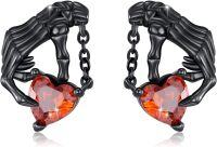 wholesale Black 925 Sterling Silver Heart Claw Stud Earrings with Red Crystal - Gothic Jewelry for Women and Men-Skull Hand Stud Earrings #2