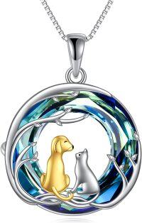 wholesale 925 Sterling Silver Blue Topaz Dog & Cat Lover's Pendant Necklace-A-Cat and Dog