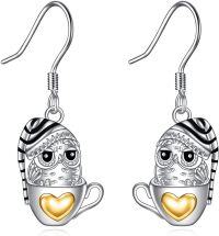wholesale 925 Sterling Silver Owl in Cup with Heart Pendant Hypoallergenic Dangle Drop Earrings  for Women-Owl