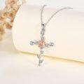 wholesale 925 Sterling Silver Cross with Pink Rose and Leaves Pendant Necklace for Women-0-3
