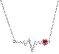 wholesale 925 Sterling Silver CZ Heartbeat Necklace, EKG Pendant, Adjustable Chain, Gift for Nurses, Doctors, Loved Ones-Garnet