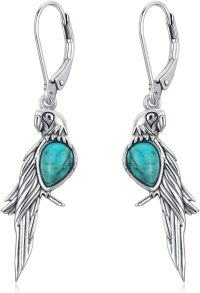 wholesale Sterling Silver Genuine Turquoise Hummingbird Owl Parrot Turtle Dangle Earrings-Parrot